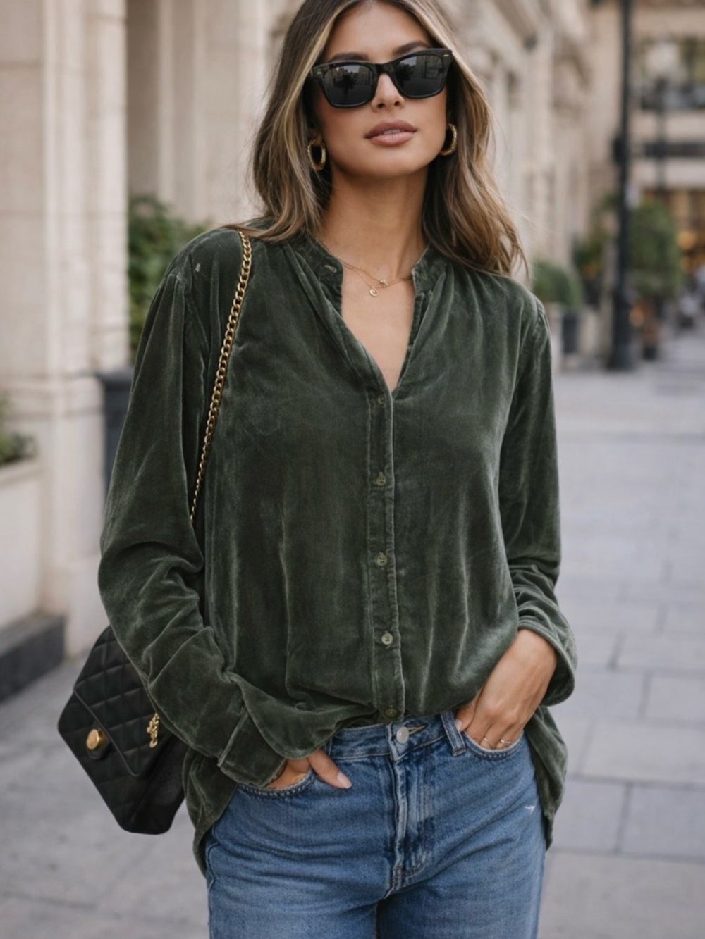 Eileen Fisher Forest Green Silk Mix Velour Texture Drapey Shirt Relaxed Medium